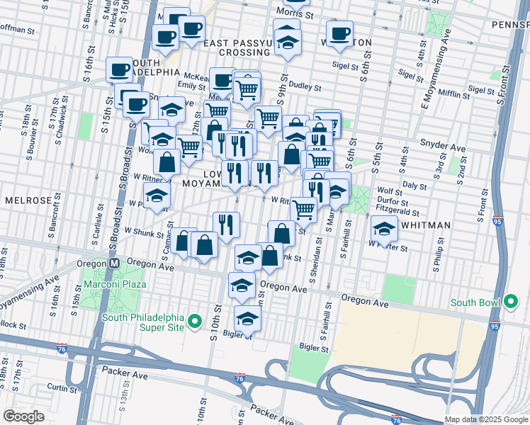 map of restaurants, bars, coffee shops, grocery stores, and more near 2427 South 9th Street in Philadelphia