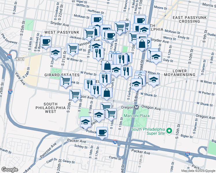 map of restaurants, bars, coffee shops, grocery stores, and more near 2519 South 17th Street in Philadelphia