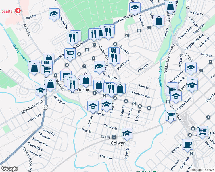 map of restaurants, bars, coffee shops, grocery stores, and more near 110 North 6th Street in Darby