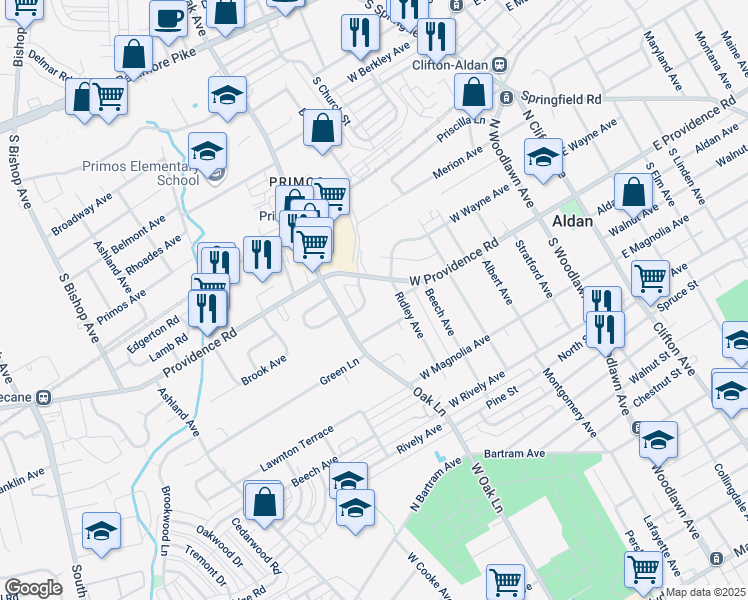 map of restaurants, bars, coffee shops, grocery stores, and more near 608 West Providence Road in Aldan