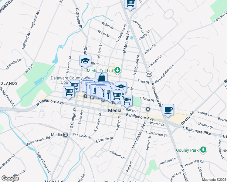 map of restaurants, bars, coffee shops, grocery stores, and more near 8 East 2nd Street in Media