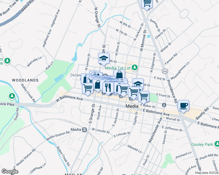 map of restaurants, bars, coffee shops, grocery stores, and more near 201 West Front Street in Media