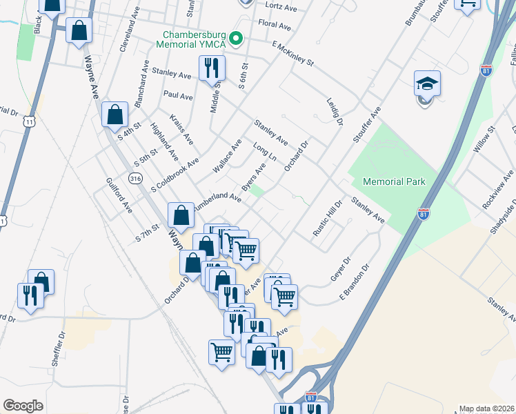 map of restaurants, bars, coffee shops, grocery stores, and more near 18 Brookline Court in Chambersburg
