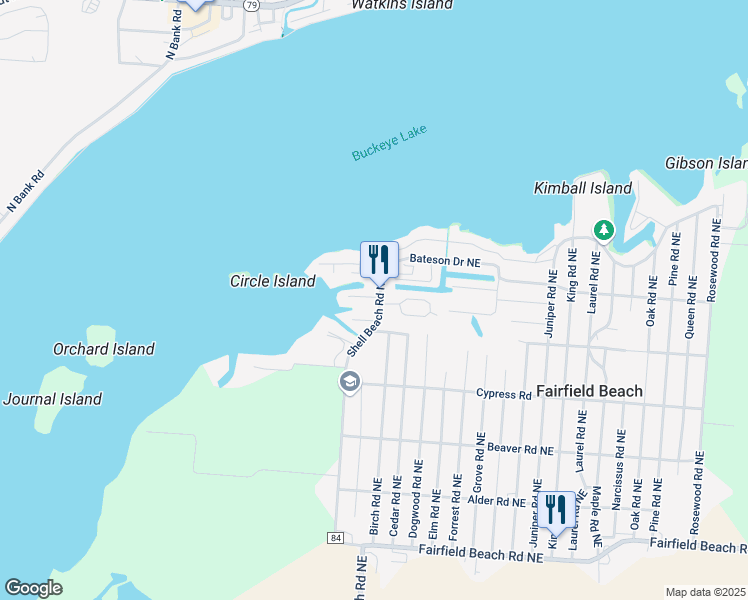 map of restaurants, bars, coffee shops, grocery stores, and more near 4947 Buckeye Avenue Northeast in Thornville