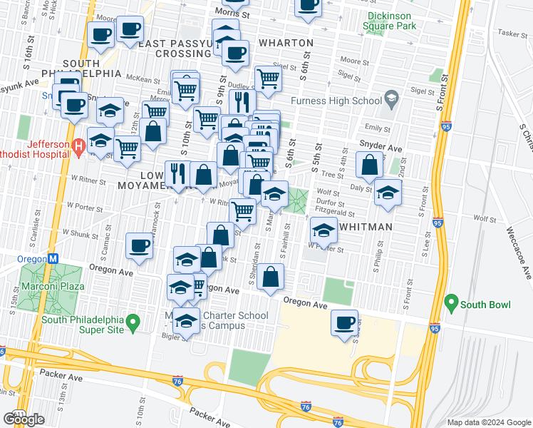 map of restaurants, bars, coffee shops, grocery stores, and more near 622 West Ritner Street in Philadelphia