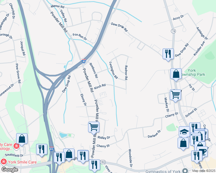 map of restaurants, bars, coffee shops, grocery stores, and more near 162 Kirch Road in York