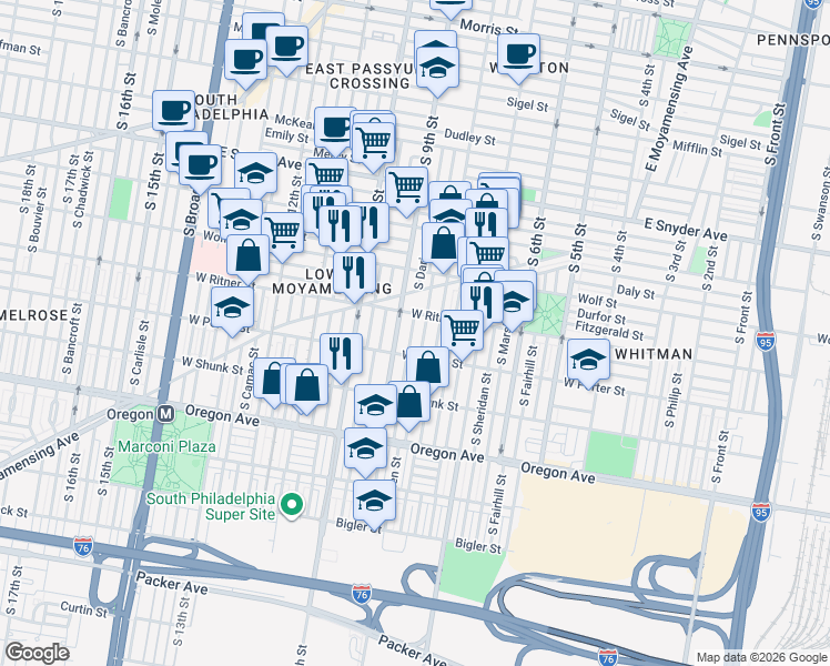 map of restaurants, bars, coffee shops, grocery stores, and more near 2401 South 9th Street in Philadelphia