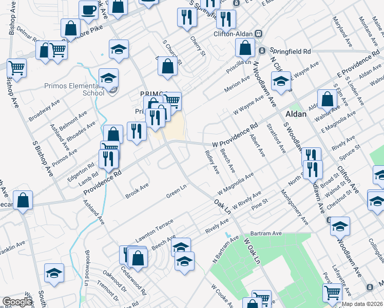 map of restaurants, bars, coffee shops, grocery stores, and more near 608 West Providence Road in Aldan