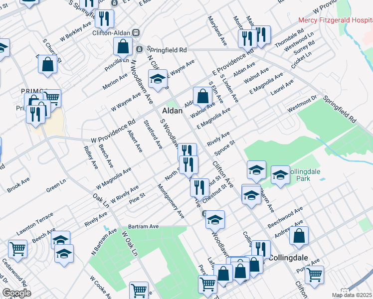 map of restaurants, bars, coffee shops, grocery stores, and more near 123 South Woodlawn Avenue in Aldan