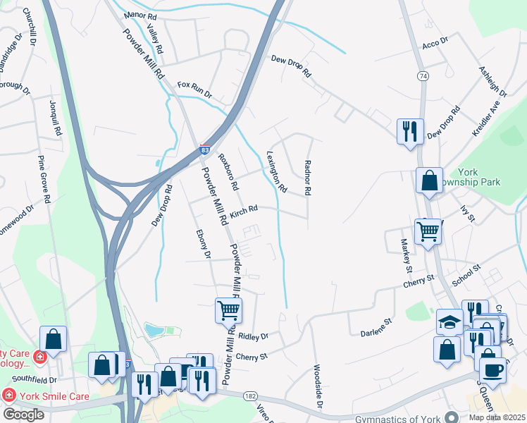 map of restaurants, bars, coffee shops, grocery stores, and more near 162 Kirch Road in York