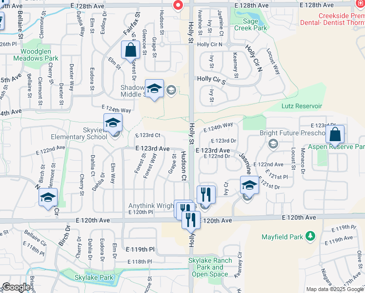 map of restaurants, bars, coffee shops, grocery stores, and more near 5541 East 123rd Avenue in Thornton