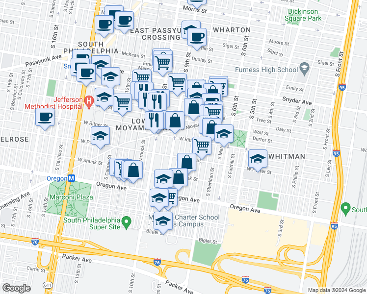 map of restaurants, bars, coffee shops, grocery stores, and more near 2422 South Mildred Street in Philadelphia