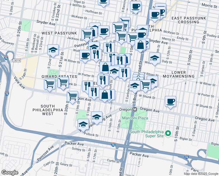 map of restaurants, bars, coffee shops, grocery stores, and more near 2542 South Bancroft Street in Philadelphia