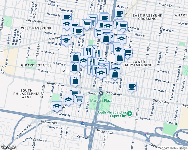 map of restaurants, bars, coffee shops, grocery stores, and more near 2527 South 15th Street in Philadelphia