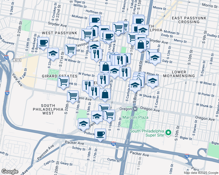 map of restaurants, bars, coffee shops, grocery stores, and more near 2542 South Bancroft Street in Philadelphia