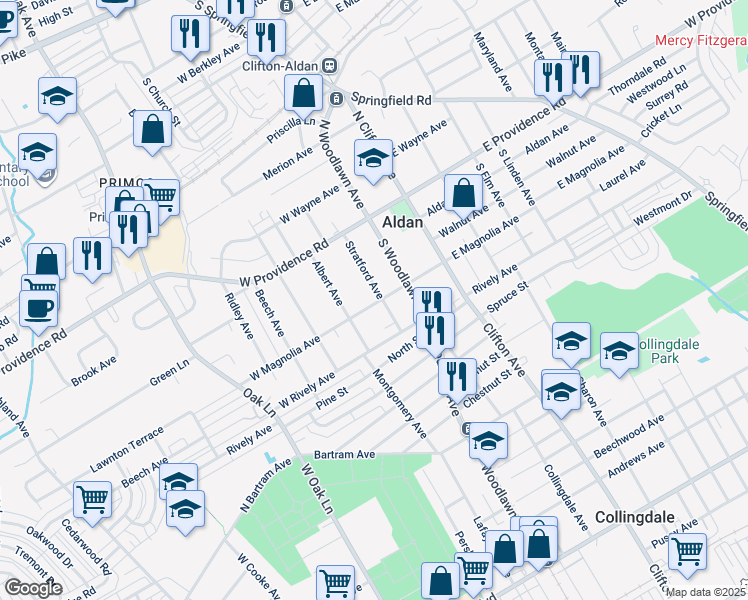 map of restaurants, bars, coffee shops, grocery stores, and more near 64 Stratford Avenue in Aldan