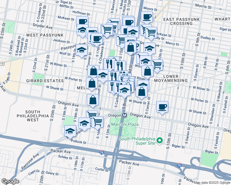 map of restaurants, bars, coffee shops, grocery stores, and more near 2527 South 15th Street in Philadelphia