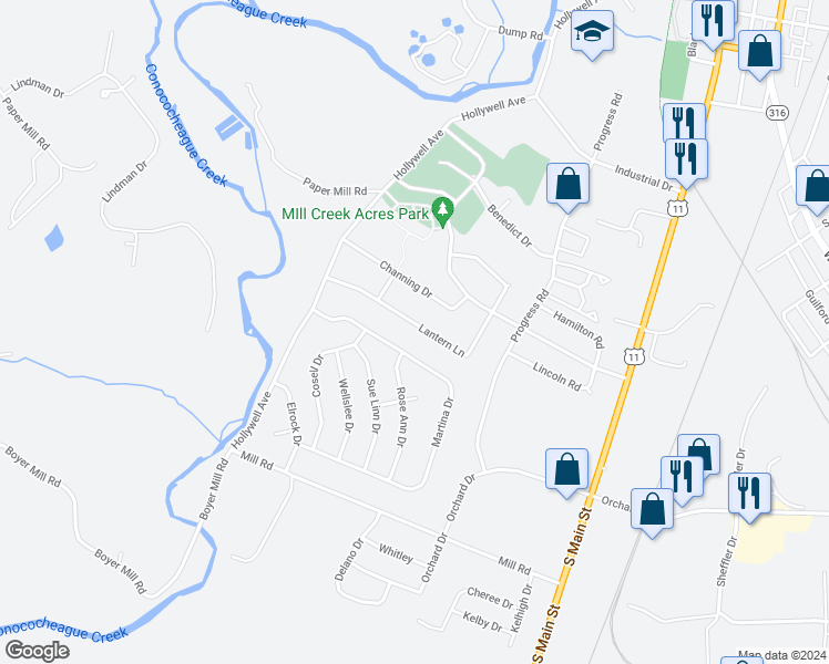 map of restaurants, bars, coffee shops, grocery stores, and more near 372 Lantern Lane in Chambersburg