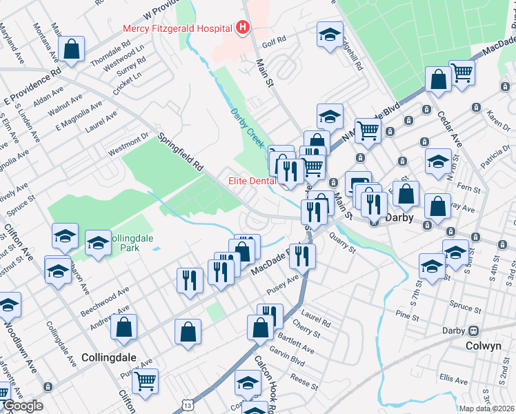 map of restaurants, bars, coffee shops, grocery stores, and more near in Collingdale