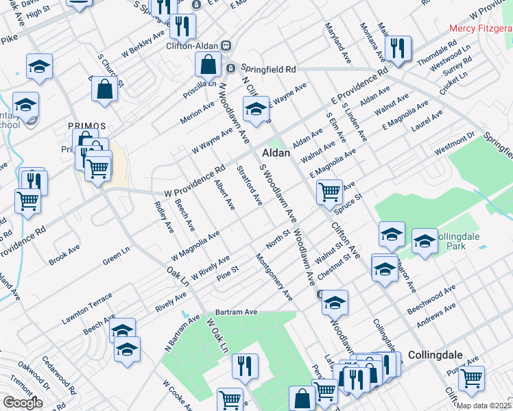map of restaurants, bars, coffee shops, grocery stores, and more near 64 Stratford Avenue in Aldan