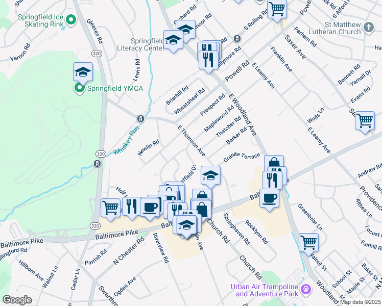 map of restaurants, bars, coffee shops, grocery stores, and more near 521 Sheffield Drive in Springfield