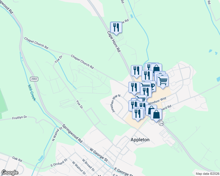 map of restaurants, bars, coffee shops, grocery stores, and more near 630 Chapel Church Road in Red Lion