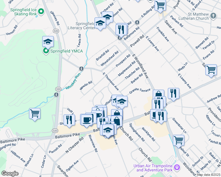 map of restaurants, bars, coffee shops, grocery stores, and more near 521 Sheffield Drive in Springfield