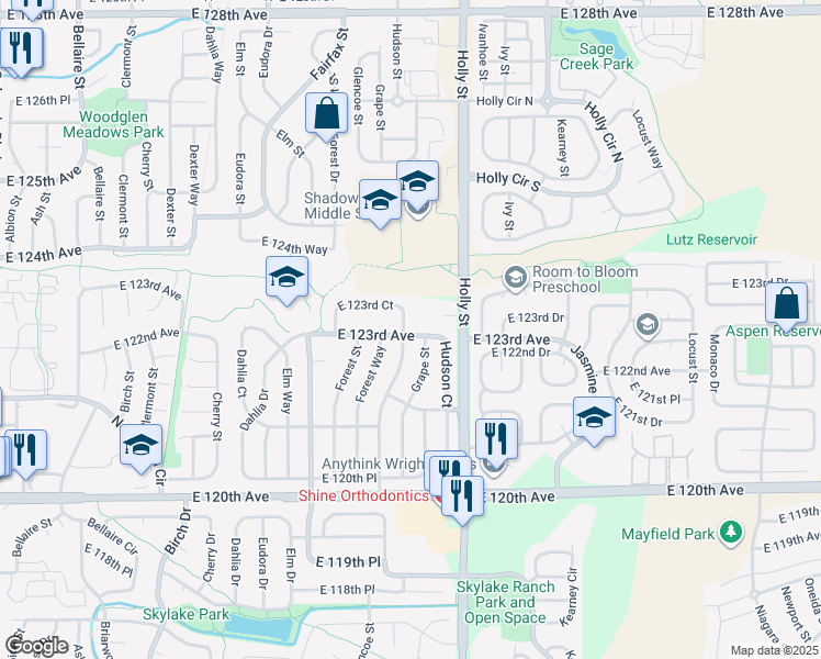 map of restaurants, bars, coffee shops, grocery stores, and more near 12304 Glencoe Street in Thornton