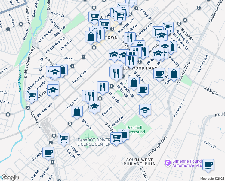 map of restaurants, bars, coffee shops, grocery stores, and more near 2510 South 68th Street in Philadelphia