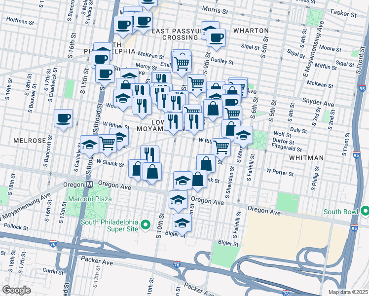 map of restaurants, bars, coffee shops, grocery stores, and more near 2430 South Percy Street in Philadelphia