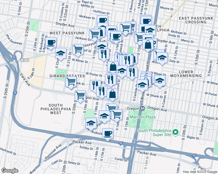 map of restaurants, bars, coffee shops, grocery stores, and more near 2546 South 17th Street in Philadelphia
