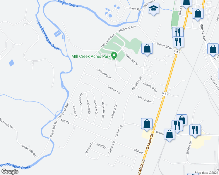 map of restaurants, bars, coffee shops, grocery stores, and more near 363 Lantern Lane in Chambersburg
