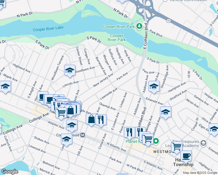 map of restaurants, bars, coffee shops, grocery stores, and more near 200 Fern Avenue in Collingswood