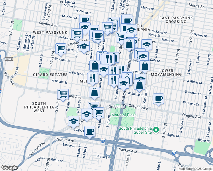 map of restaurants, bars, coffee shops, grocery stores, and more near 2534 South Mole Street in Philadelphia