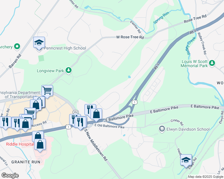 map of restaurants, bars, coffee shops, grocery stores, and more near 111 Blackhorse Lane in Media