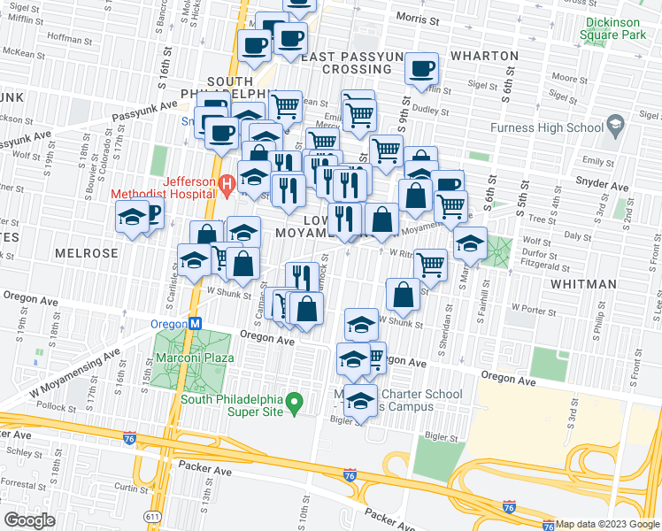 map of restaurants, bars, coffee shops, grocery stores, and more near 2426 South Alder Street in Philadelphia