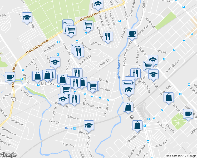map of restaurants, bars, coffee shops, grocery stores, and more near 301 N 3rd St in Darby