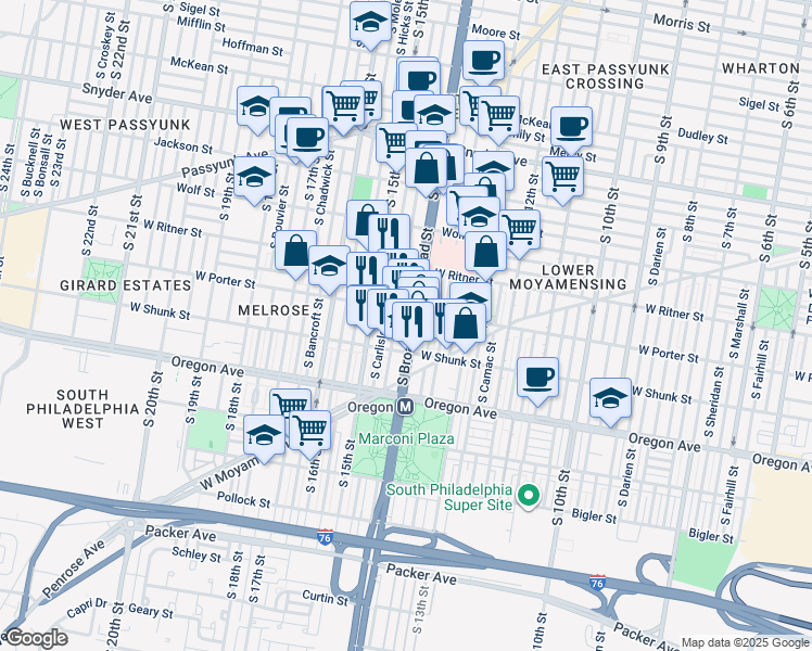 map of restaurants, bars, coffee shops, grocery stores, and more near 2407 South Broad Street in Philadelphia