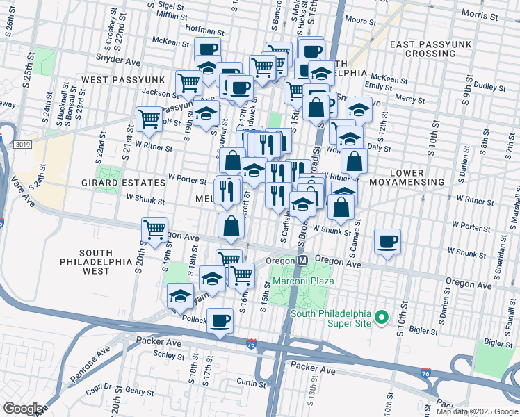 map of restaurants, bars, coffee shops, grocery stores, and more near 2534 South Mole Street in Philadelphia