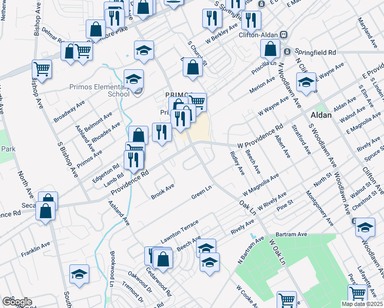 map of restaurants, bars, coffee shops, grocery stores, and more near 604 South Oak Avenue in Delaware County