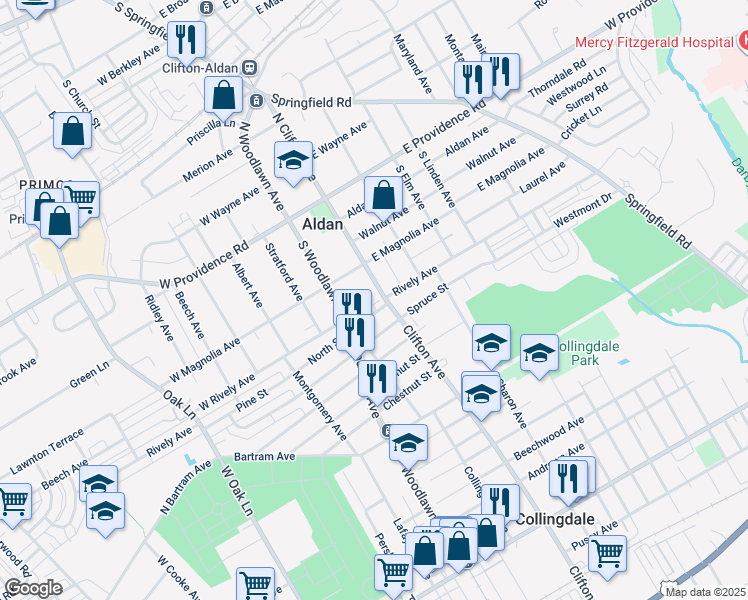 map of restaurants, bars, coffee shops, grocery stores, and more near 130 South Clifton Avenue in Aldan