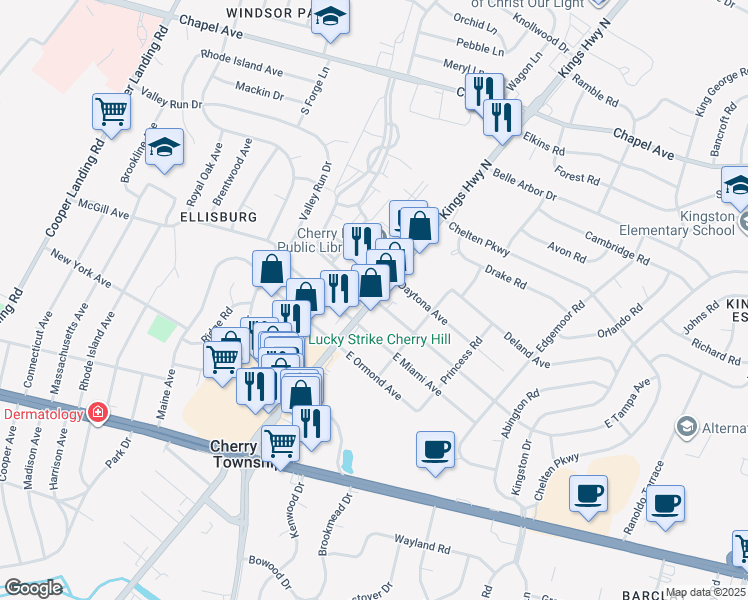 map of restaurants, bars, coffee shops, grocery stores, and more near Kings Highway North & East Tampa Avenue in Cherry Hill