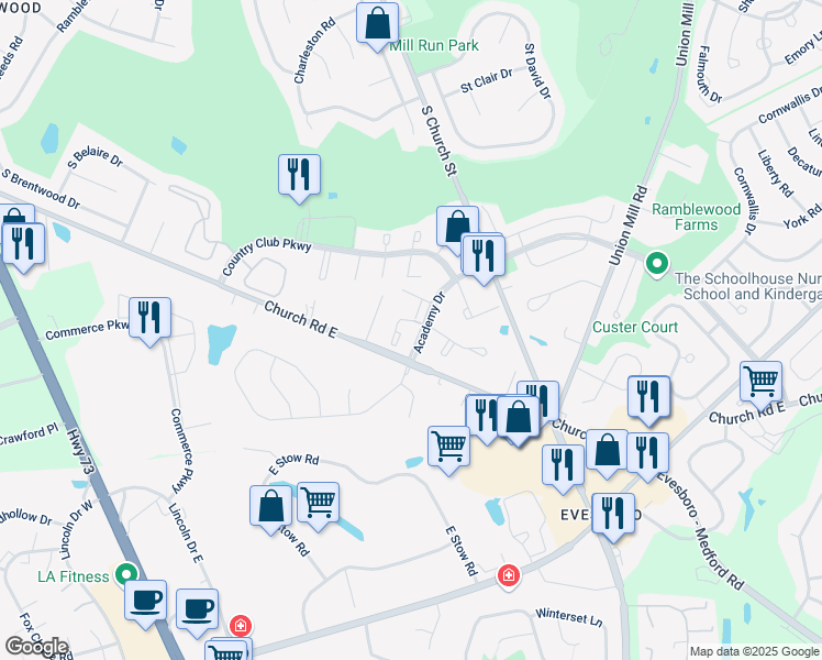 map of restaurants, bars, coffee shops, grocery stores, and more near 102B Mulberry Cove in Mount Laurel Township