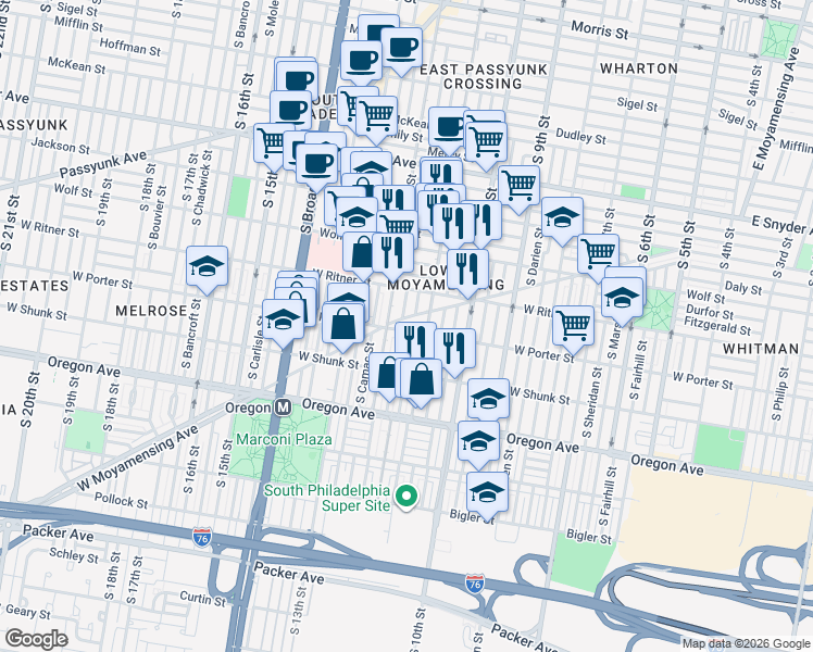 map of restaurants, bars, coffee shops, grocery stores, and more near 2424 South Sartain Street in Philadelphia