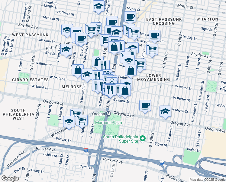 map of restaurants, bars, coffee shops, grocery stores, and more near 2444 South Broad Street in Philadelphia