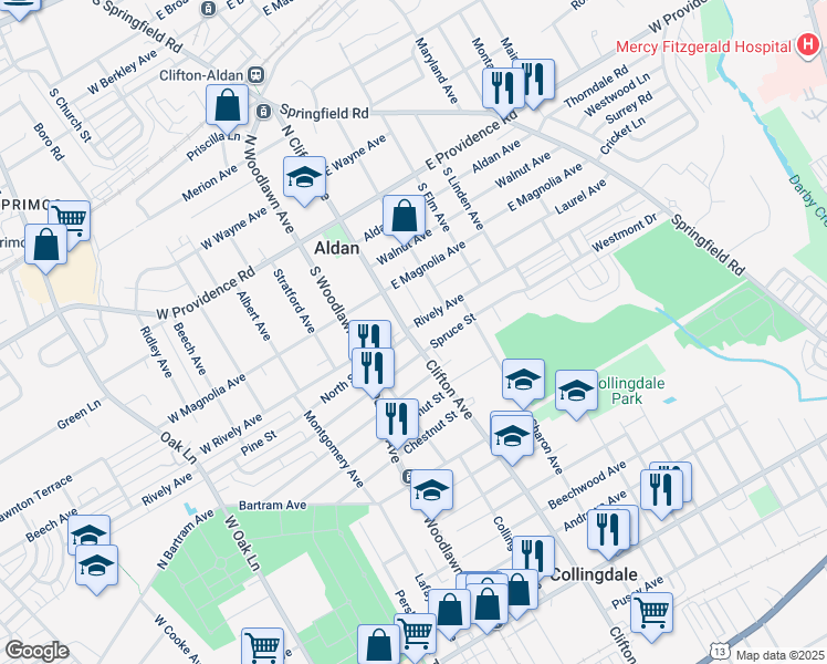 map of restaurants, bars, coffee shops, grocery stores, and more near 21 Rively Avenue in Aldan