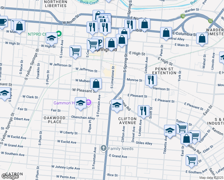 map of restaurants, bars, coffee shops, grocery stores, and more near 29 E Mulberry St in Springfield