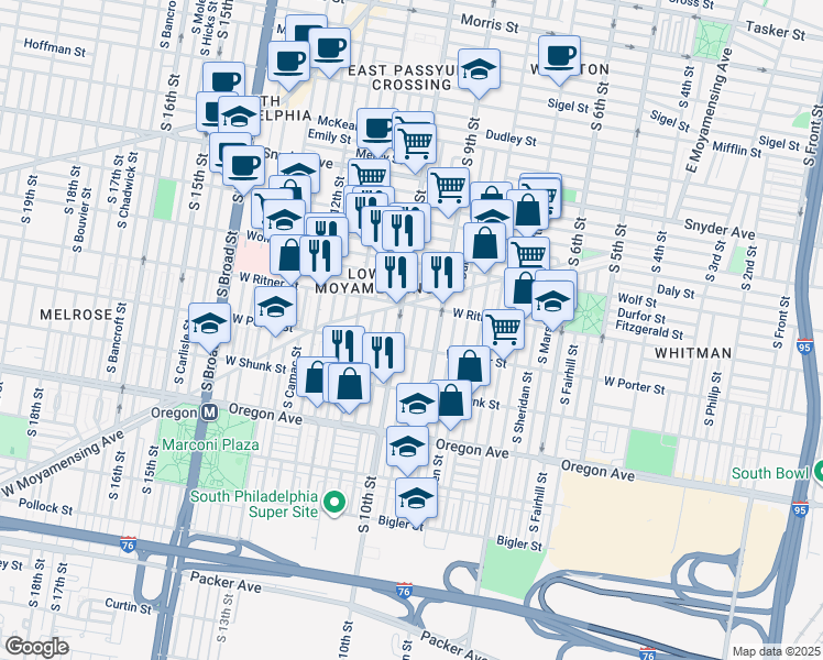 map of restaurants, bars, coffee shops, grocery stores, and more near South Hutchinson Street in Philadelphia