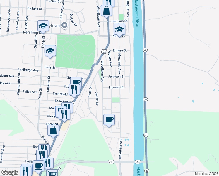 map of restaurants, bars, coffee shops, grocery stores, and more near 1301 Putnam Avenue in Zanesville