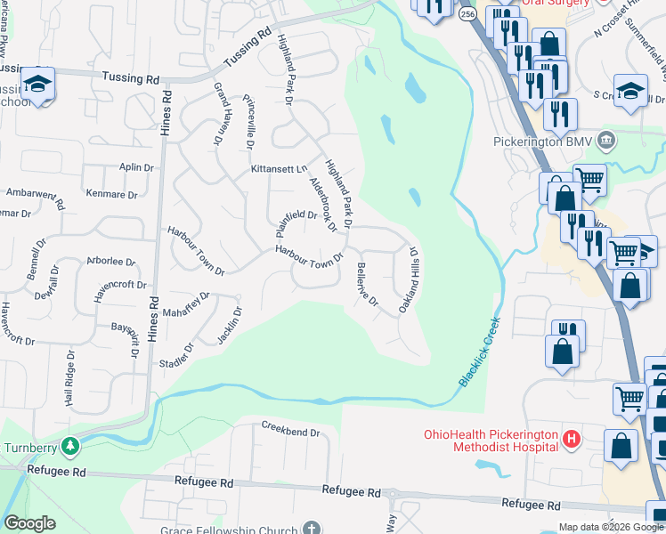 map of restaurants, bars, coffee shops, grocery stores, and more near 7673 Harbour Town Drive in Pickerington